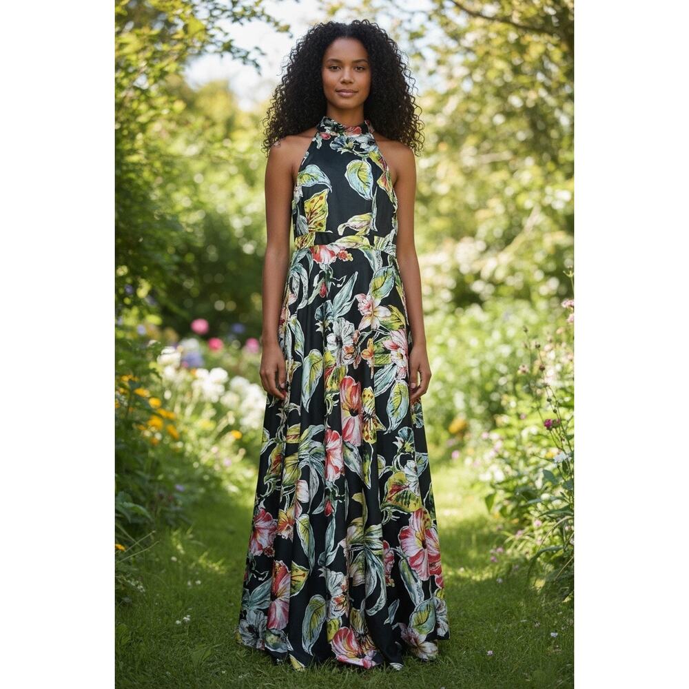 Nicole Miller New York Black Floral Print Halter Maxi Dress Size 6 - Picture 8 of 8